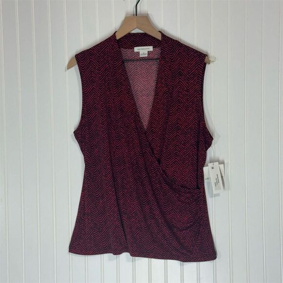 Liz Claiborne XL Sleeveless Faux Wrap Blouse Red Herringbone Geo Top NWT - Picture 1 of 8